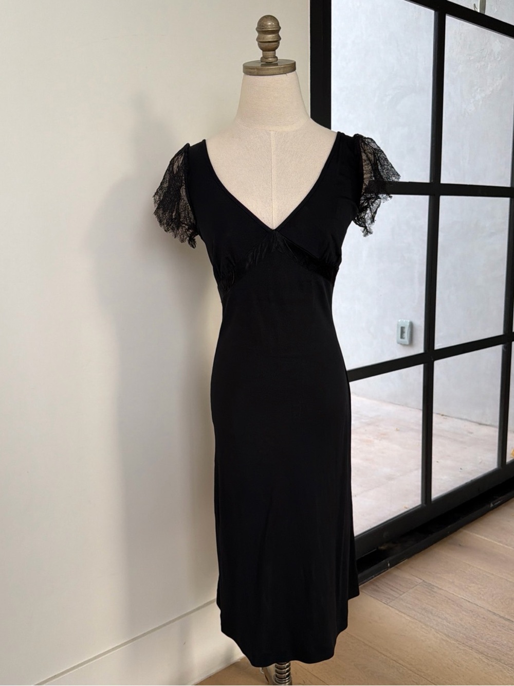 Vintage Valentino Jeans Black Lace-Sleeve Midi Dress Size 42